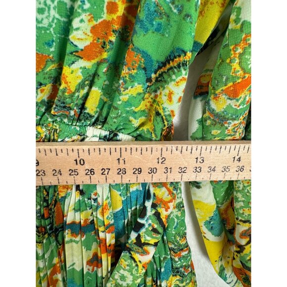 Kindred boho pleated artsy vibrant midi fit flare dress wrap sz L - Picture 6 of 7